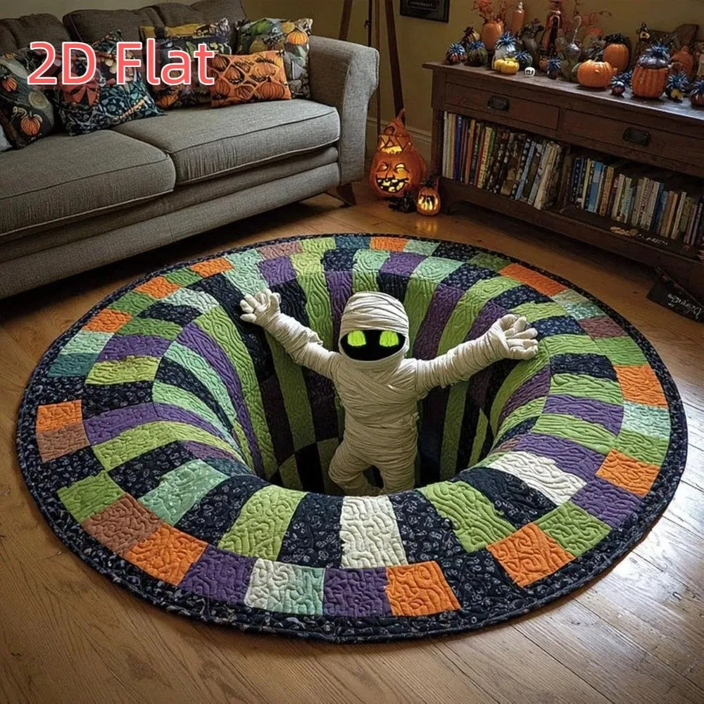 3D Visual Halloween Floor Mat Spiral Optical Illusion Round Witch Kitchen Rug Diatom Mud Non Slip Skeleton Bathroom Mat Entryway