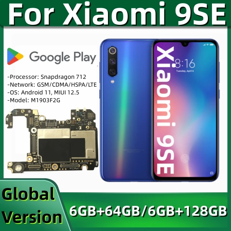 Motherboard MB for Xiaomi Mi 9SE, 100% Unlocked Logic Board, 64GB, 128GB, Original Mainboard, Global Version