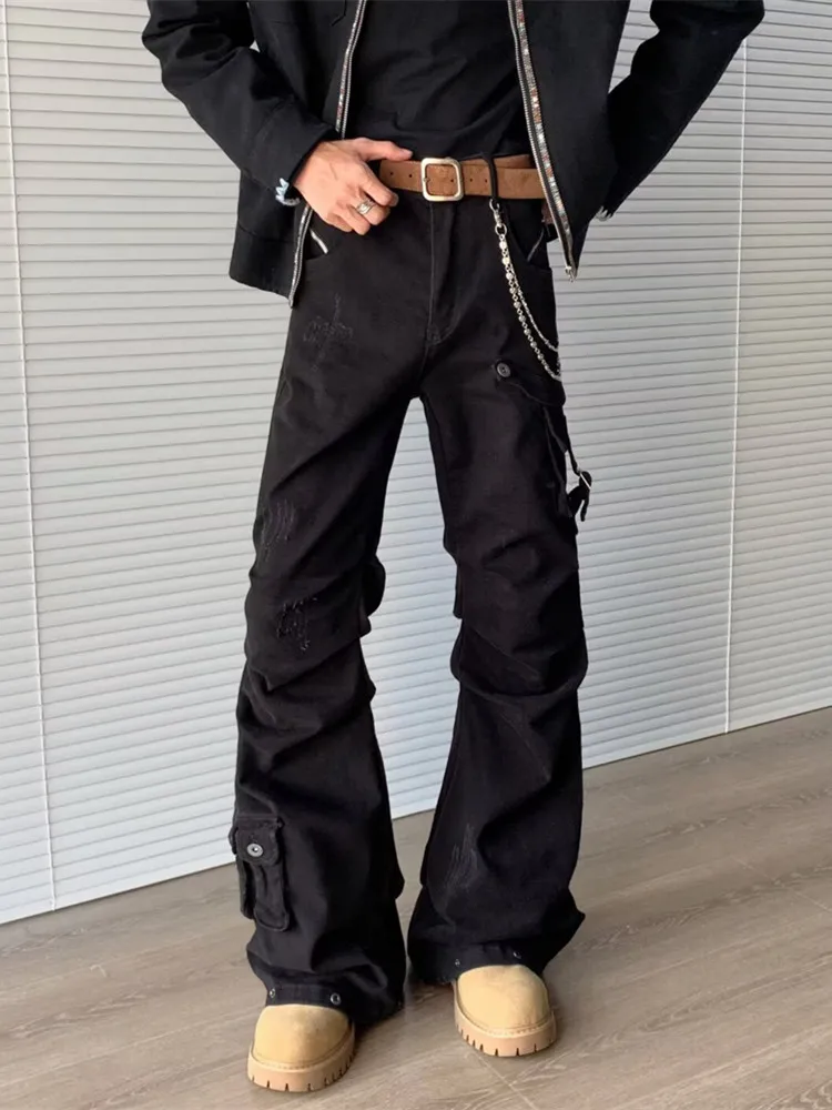 2025 Cyber Y2K Streetwear Black Pleated Baggy Flared Cargo Jeans Pants Men Clothing Straight Cotton Long Trousers Ropa Hombre