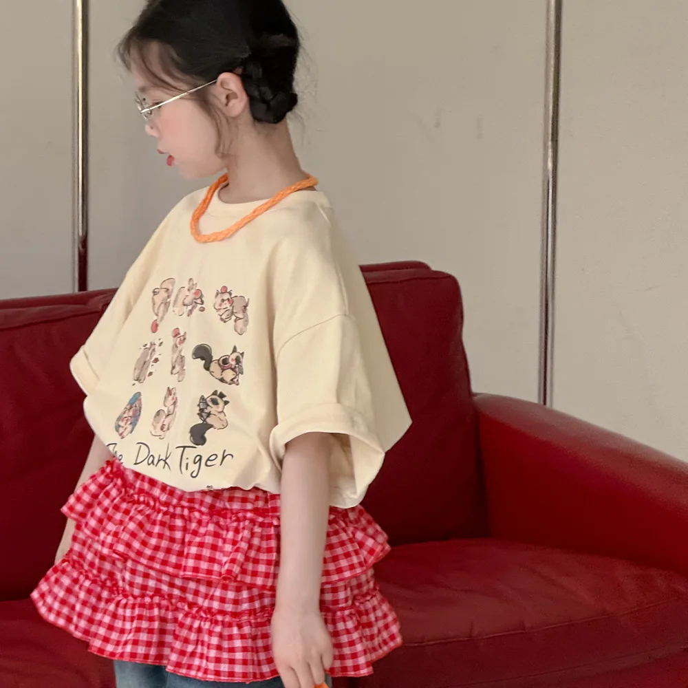 

2023 летние новые детские футболки с милым мультяшным принтом для девочек, тонкая футболка с короткими рукавами, хлопковые детские свободные универсальные топы, детская одежда