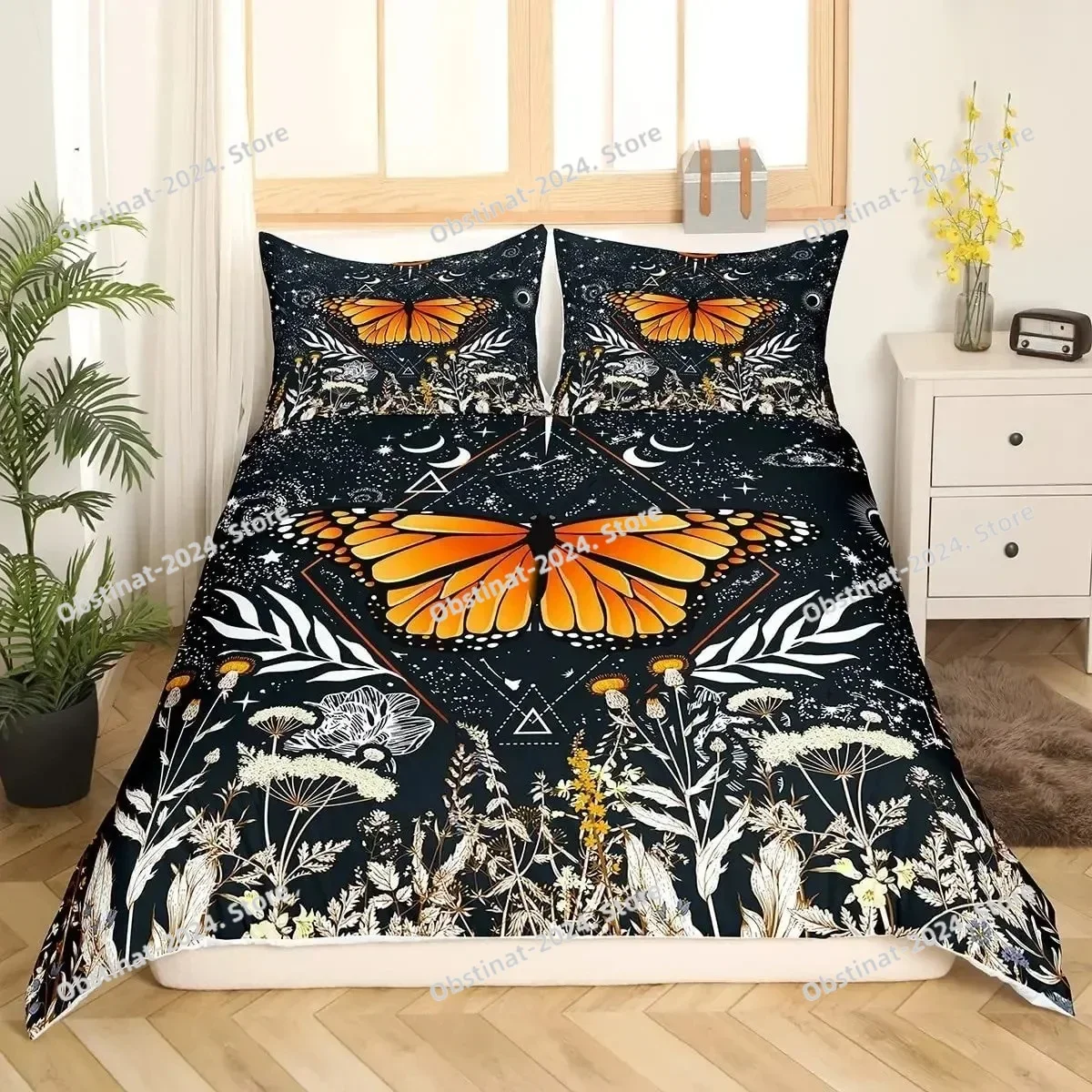 

2025 Death Moth Galaxy Sun And Moon Boho Gothic Skull Bedding Set Duvet Cover Sheet Pillowcase Soft Quilt Cover Queen King Size