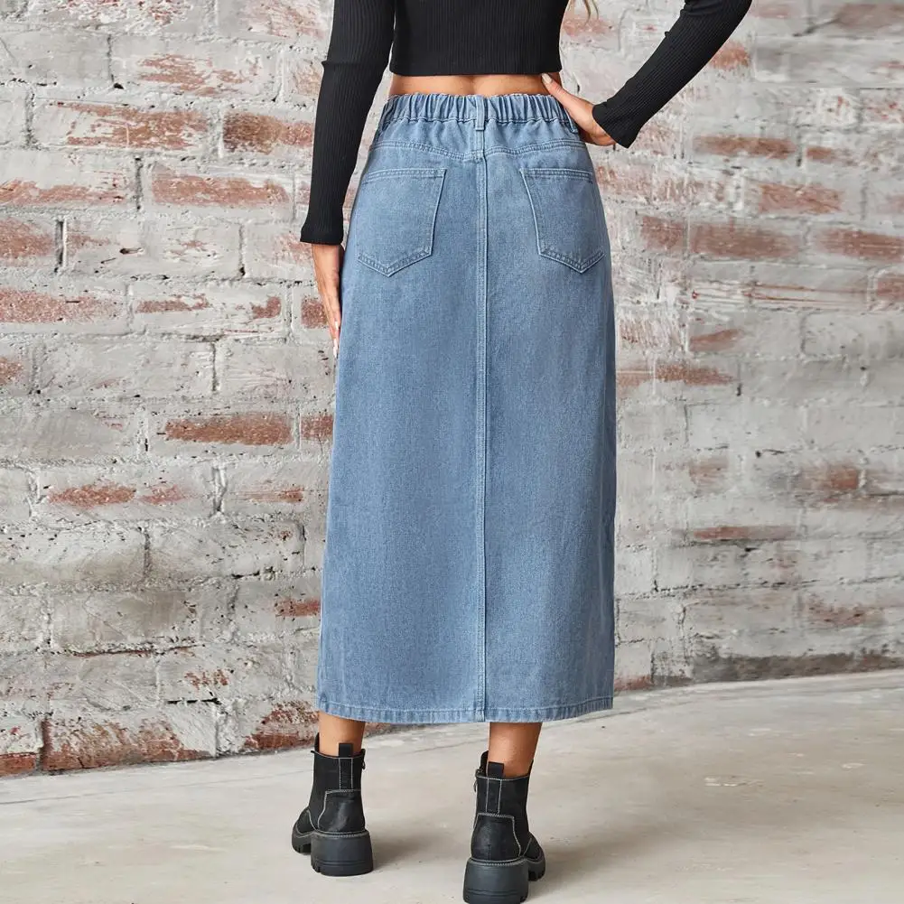 

Washed Denim Maxi Skirt Stylish Denim Midi Skirt with Side Slit Design Pockets for Women Retro Summer Wear with for Outfits