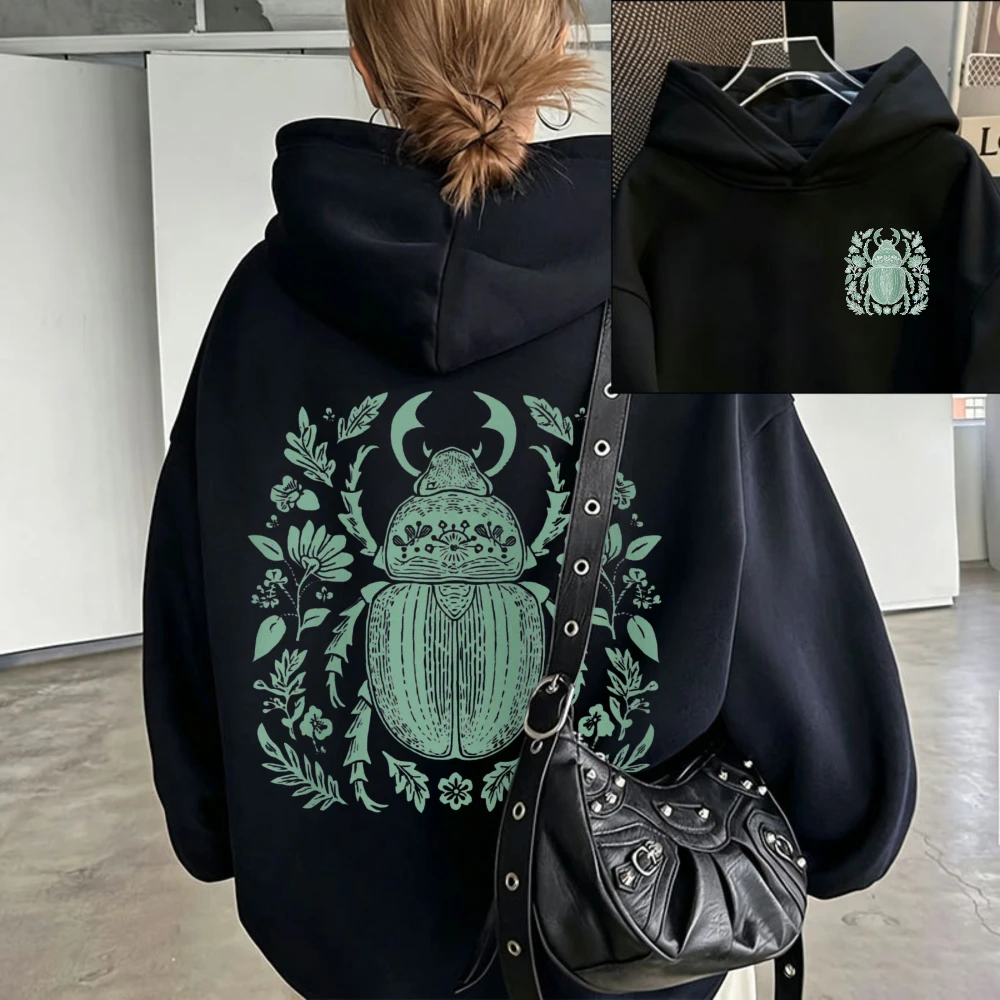 Floral Beetle Bug Graphic Hooded Sweatshirt Front Small Scarab Insect Print Back Large Green Botanical Beetle Pattern Pullover