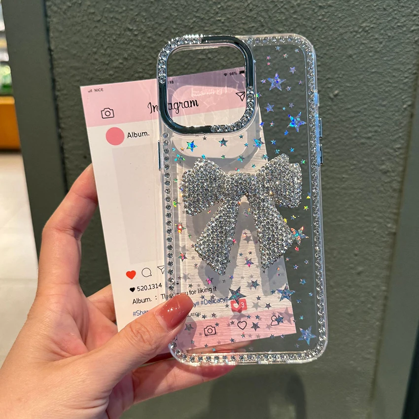 

Glitter Diamond Bowtie Phone Case For Iphone 17 16 15 14 13 Pro 12 Max Plus 16Pro Colorful Stars Phone Case Luxury 15Pro Cover
