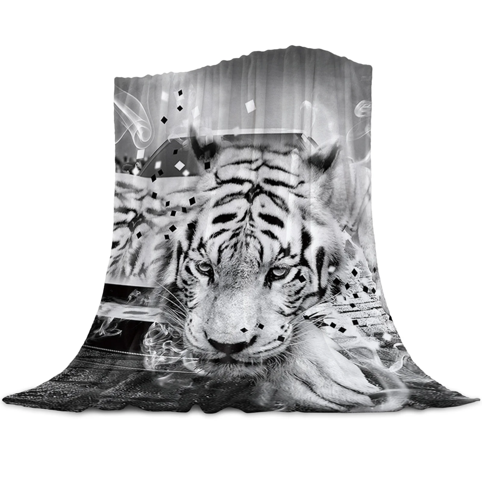 Tiger Car Street Black And White Printed Throw Blanket Flannel Fleece Blankets Soft Throws for Sofa Couch Bed Bedroom Bedspread