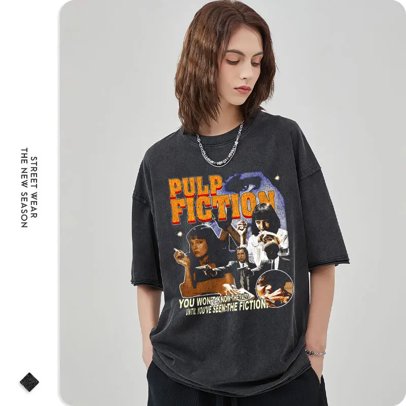 Pulp Fiction T Shirt Hip Hop Vintage Washed Movie Old School Top Tees Oversized T-shirt Short Sleeve Sweatshirts Man 100% Cotton