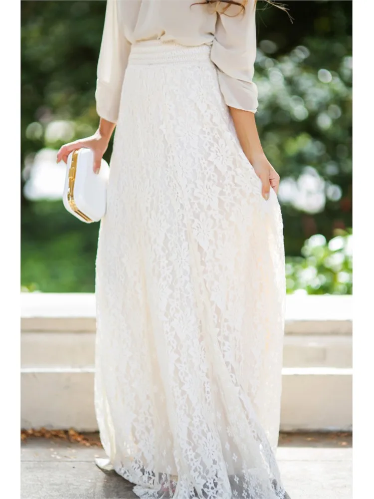 Elegant Solid Color Skirt For Women Fashion Spring Hollow Lace High Waist Drawstring Wide Umbrella Skirt Long Skirt For Women