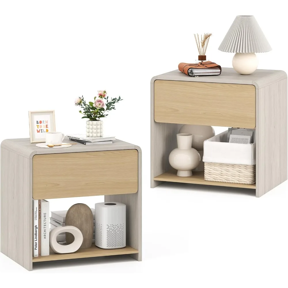 

Modern Nightstand with Drawer Set of 2, Wooden Bedside Table with Storage Open Shelf, Accent End Table for Small Spaces,