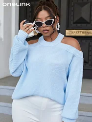 ONELINK Sky Blue Knit Pullover Sexy Halter Neck Hollow Out Off Shoulder Plus Size Women's Sweater Long Sleeve