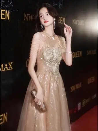 2022 Champagne Gold Celebrity Dress Halter a-line Floor-length nappa Sleeve Party Night Sparkly Sequin Beaded abito da sera nuovo