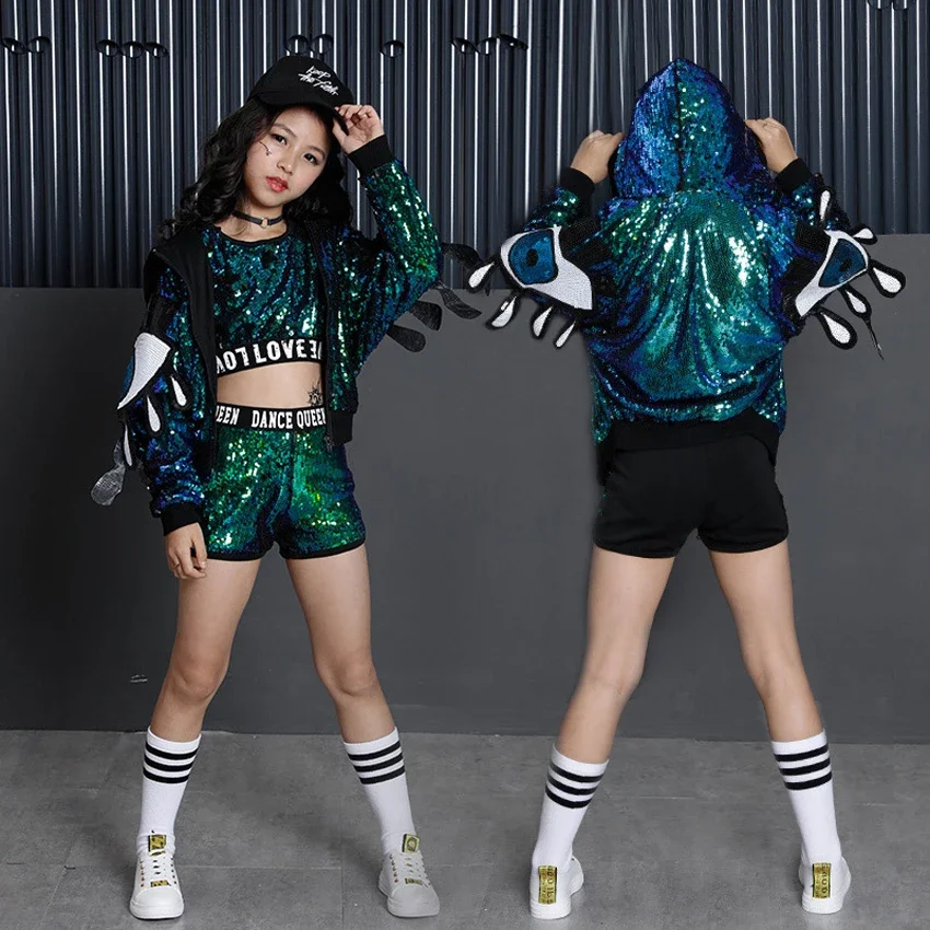 Hip Hop Street Wear Big Eyes Sequin Jacket Clothing Set Korean Style Fancy Kids Student Girls Ballroom Jazz Dance Costumes