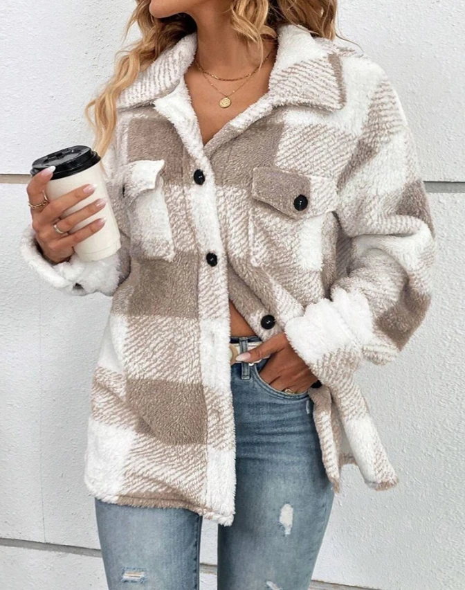 Elegant Winter Women's Coat Casual and Fashion Button Pocket Plaid Pattern Turn Down Collar Button Front Teddy Thick Warm Coat