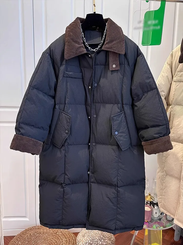 

Vintage Loose Women's Cotton Jaet Mid-Length Corduroy Patchwork Durable Long Sve Collar Button down Winter Coat