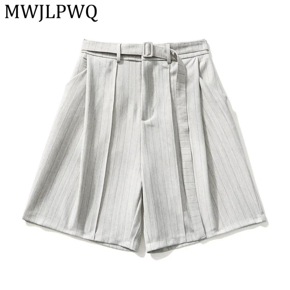 

Мужские летние шорты MWJLPWQ с вертикальными полосками, широкими штанинами, поясом, в уличном стиле, с плиссировкой, повседневные, средней длины, 14953