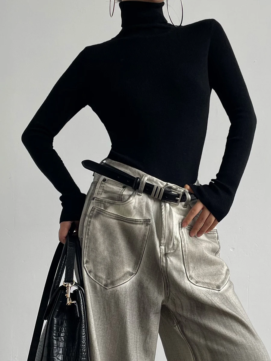 

AcupStudio High Ne Knitted Sweater Women's Slim Fit Base irt Winter Inner Wear Street Sle Polyester Fiber Long Sve