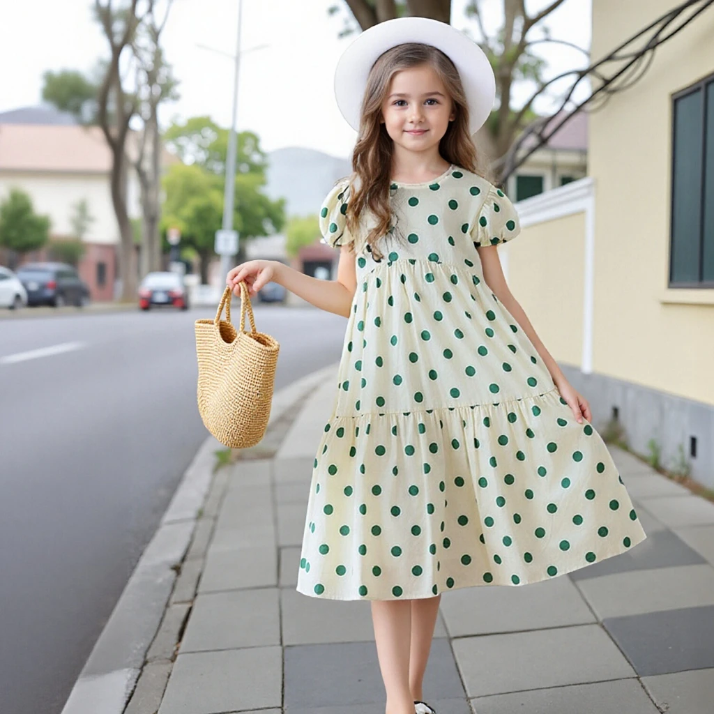 

Girls Polka Dot Dress Summer Elegant Puff Sleeve Princess Sundress for Big Kids Beach Vacation Outfits Children Birthday Outfits