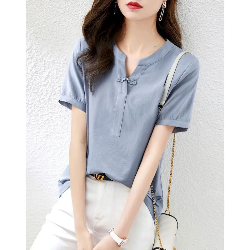 Simple Fashion Blouses Women Lightweight Cool Solid Color Breathable Shirt V-neck Short Sleeve Blouse 2024 Summer Trend Thin Top