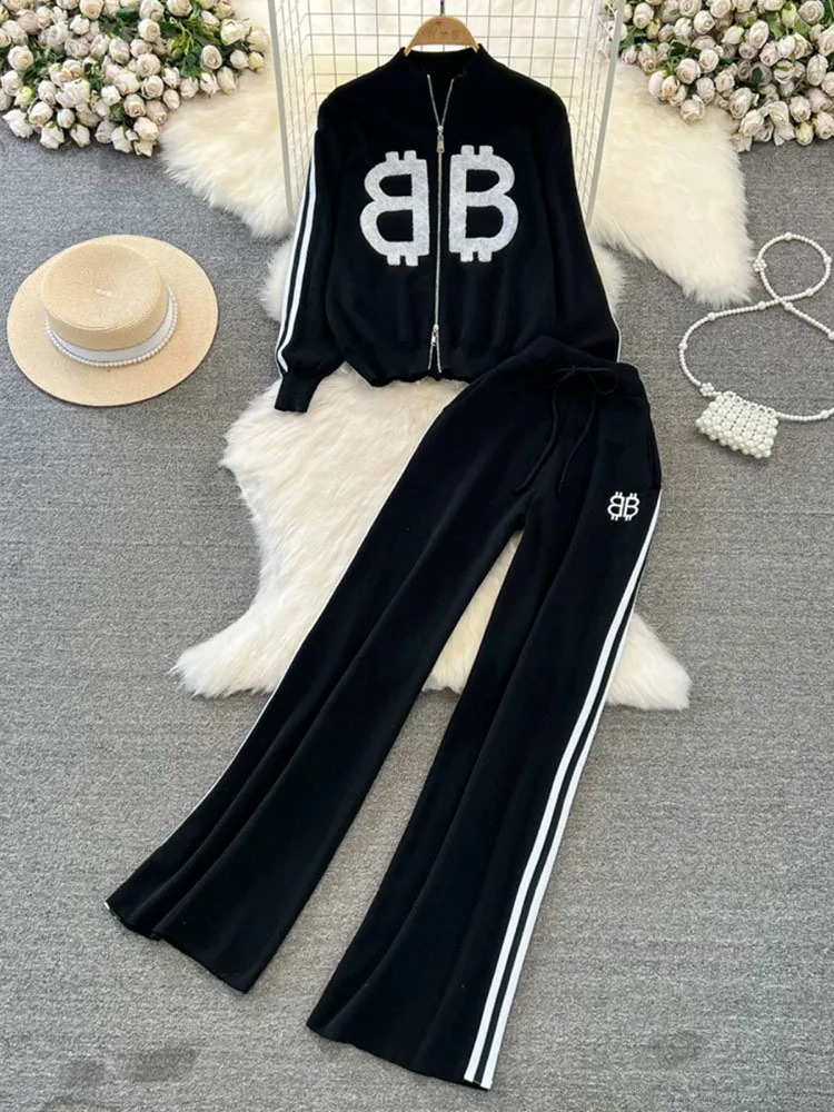 Women\'s Spring Summer 2024 New Stand Collar Zippered Sweater Coat Tops Wide Leg Pants Two Piece Set Casual Sports Suit For Women