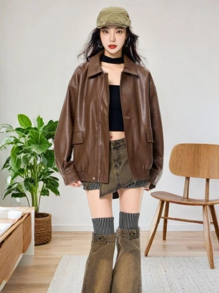 브라운 캐주얼 루즈 가죽 자켓 여성 포켓 세련된 패션 가죽 자켓 여성 2025 가을 streetwear 하이 스트리트 한국 코트