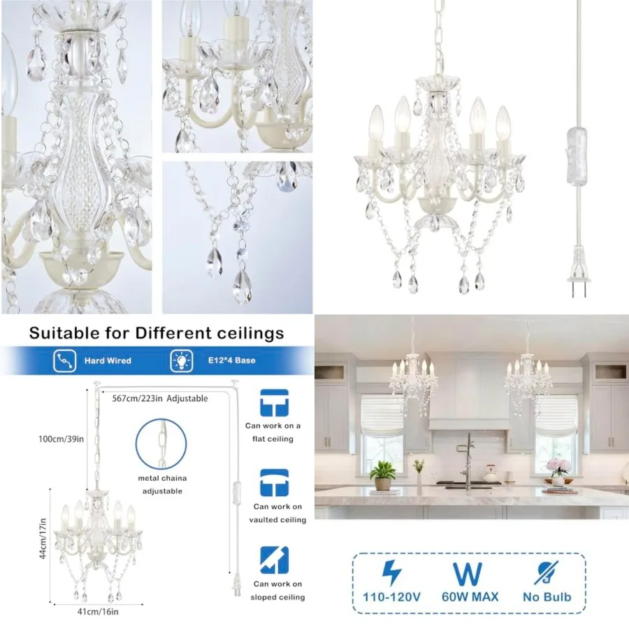 

Plug in Chandeliers, 4-Light Small Hanging Ceiling Lamp with 20Feet Cord, No Hardwire, Chandeliers for Dining Room, Modern Bedr