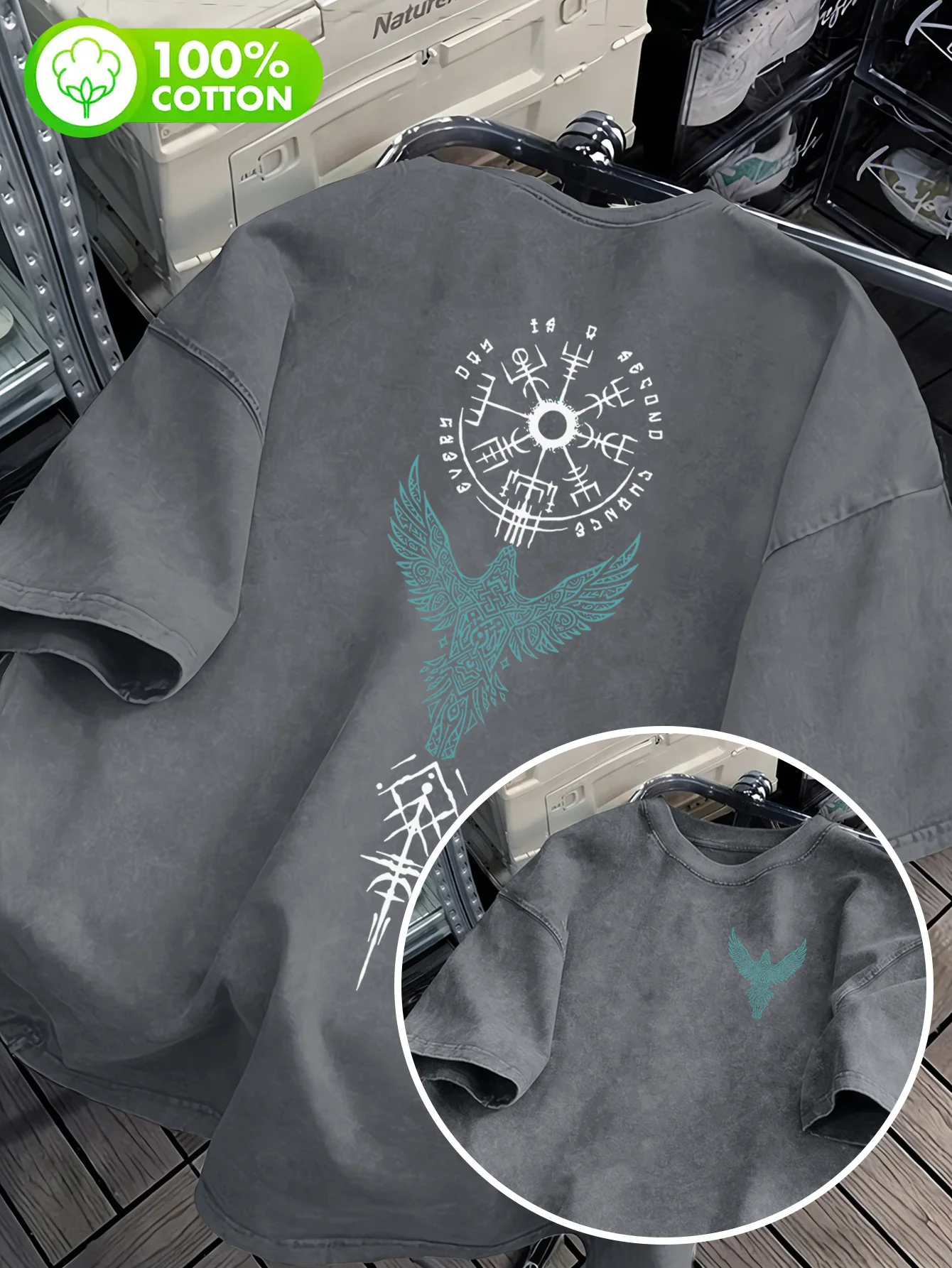 Men's 100% Cotton Viking Raven Compass T-shirt Double Sided Print Vintage Nordic High Street Loose Crew Neck Short Sleeve S-3XL