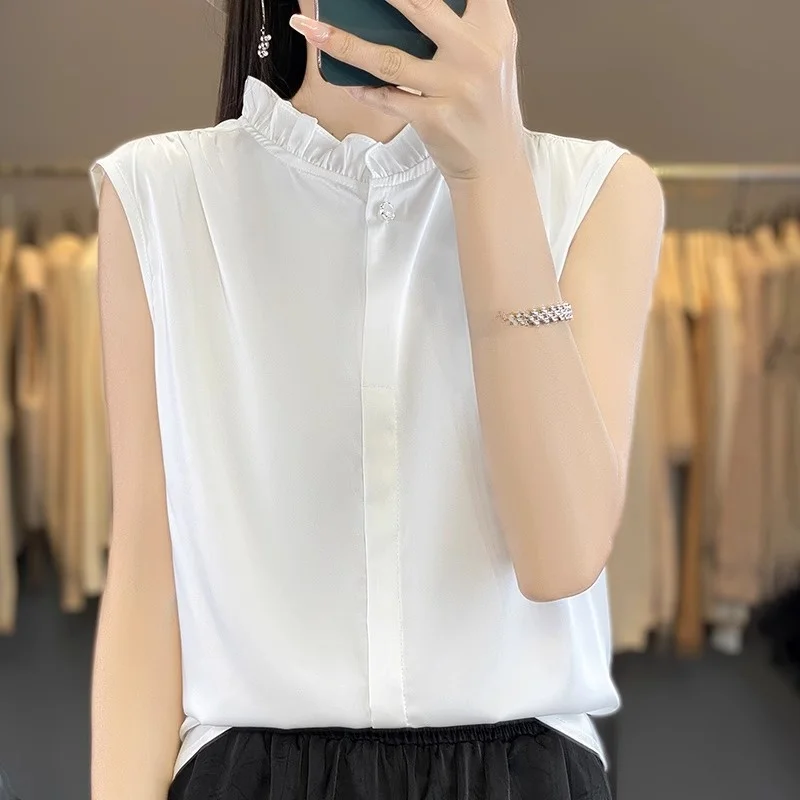 Chinese Style Silk Acetate Satin Sleeveless Shirt Women's Inner Wear Vest Base Cardigan Top Regular Size Autumn Season