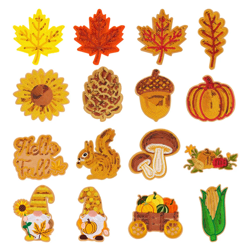 Fall Harvest Themed Sequined Patches Iron-on Pinecone Maple Leaf Squirrel Golden Pumpkin DIY Sewing Fabric Patterns for Clothing