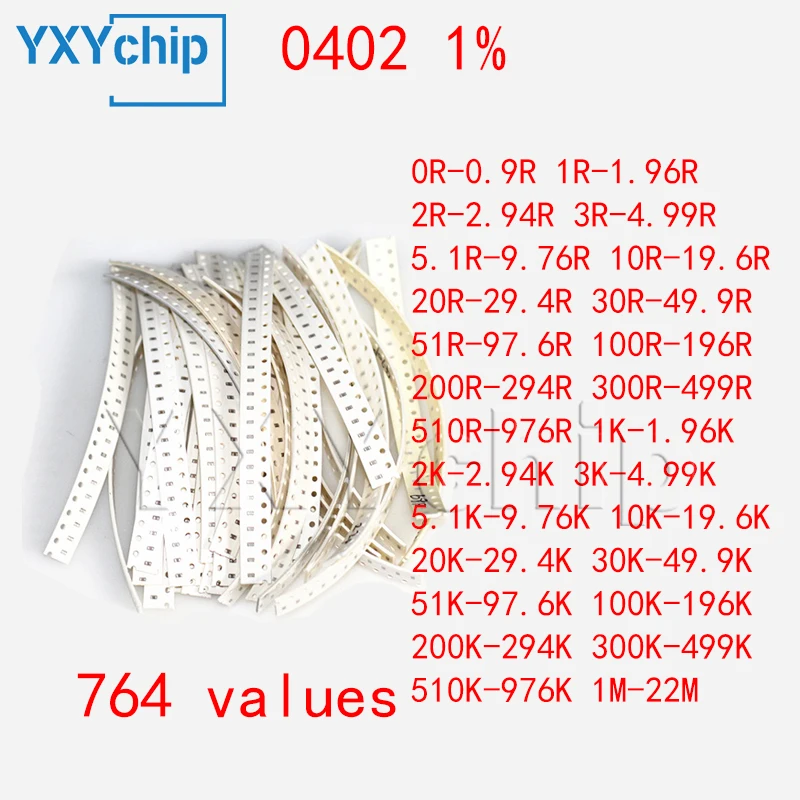 

0402 1% Special resistance package 1005mm 1/16W resistor kit resistor assortment 764 values 50pcs/values 0R-22M SMD Sample Book