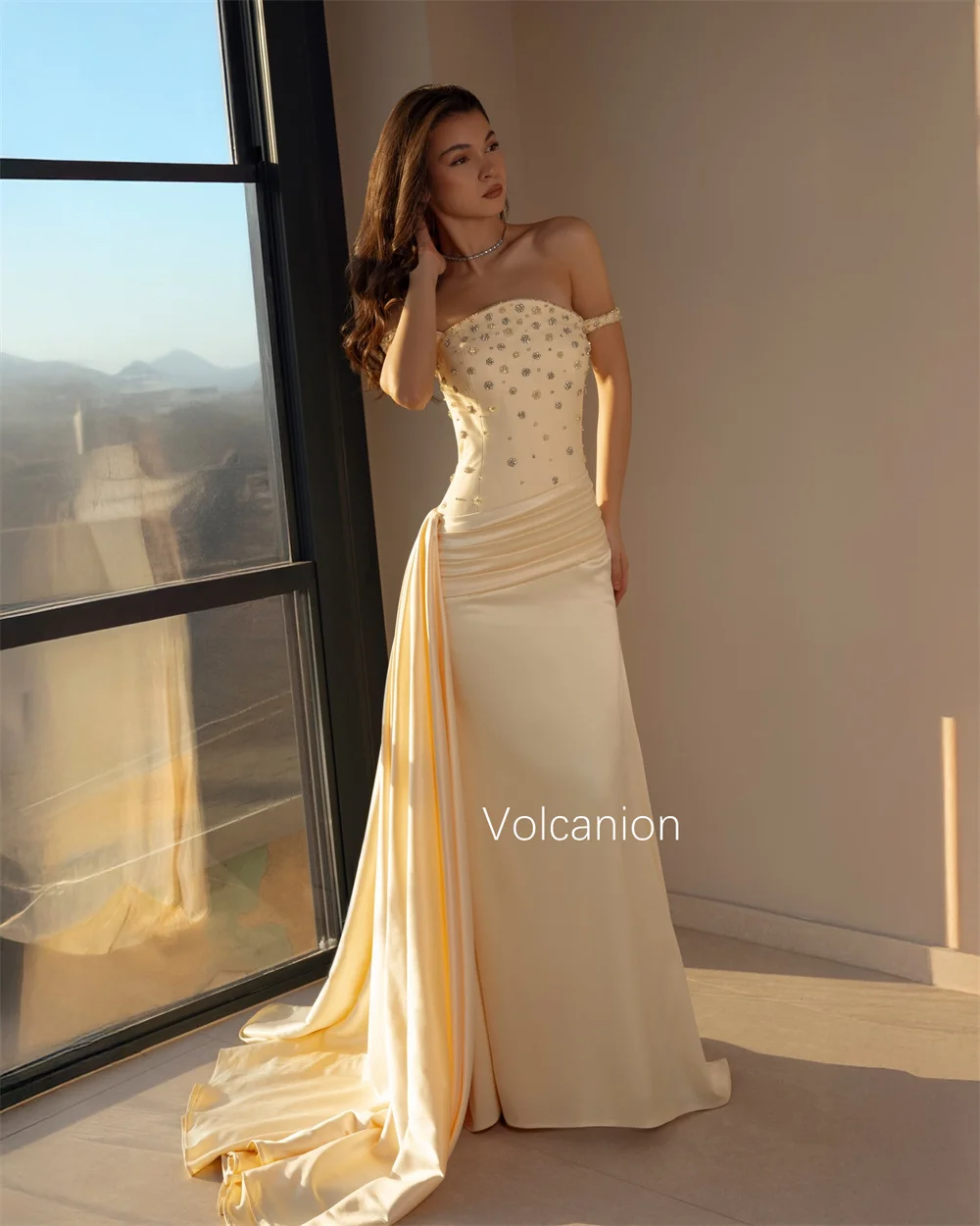 Customized Matching Charmeuse Pleat Sequined A-line Off-the-shoulder Long Bespoke Occasion Luxury Party Dresses Formal image 2