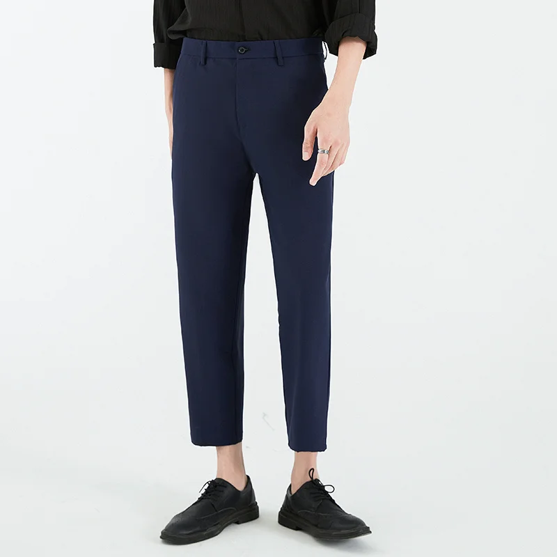 High End Fashion Korean Casual Straight Cropped Pants Men\'s Solid Patchwork Button Zipper Pocket Trendy Loose Simple Trousers
