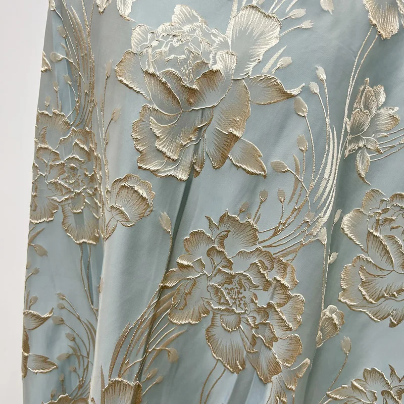 Pre-Cut Light Blue Floral Metallic Jacquard Fabric, Designer 3D Embossed Vintage Brocade For Dress, Skirt & Upholstery