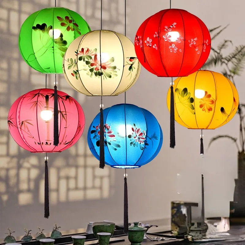 1PC New Chinese Creative Round Lantern Ancient Style Fabric Lamp Tea Room Restaurant Lamp Decoration Southeast Asia Style