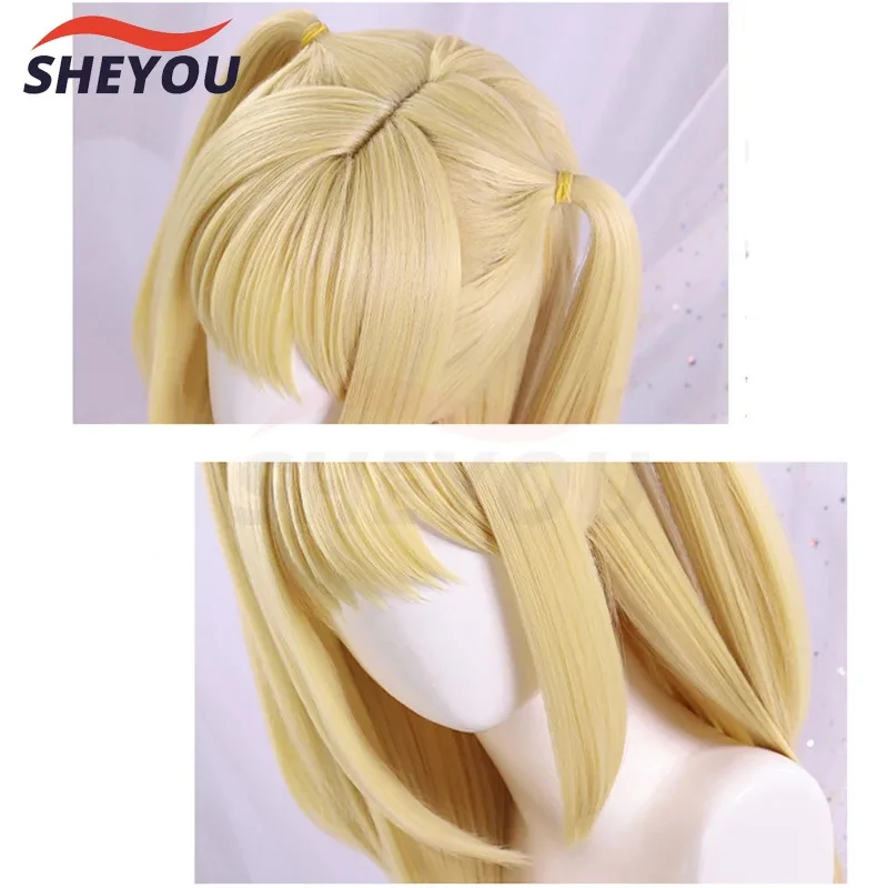 dd12Высокое качество Миса Амане Косплей Двойной хвост Длинные желтые термостойкие синтетические волосы Парики для Хэллоуина + Кепка для парика