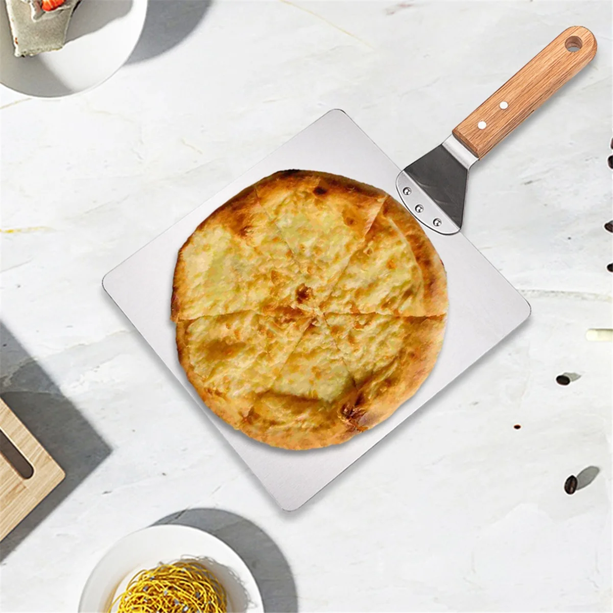 A03R Stainless Steel Pizza Shovel Pizza Oven Accessories Portable Multi-Function Heat- Wooden Handle Square Shovel