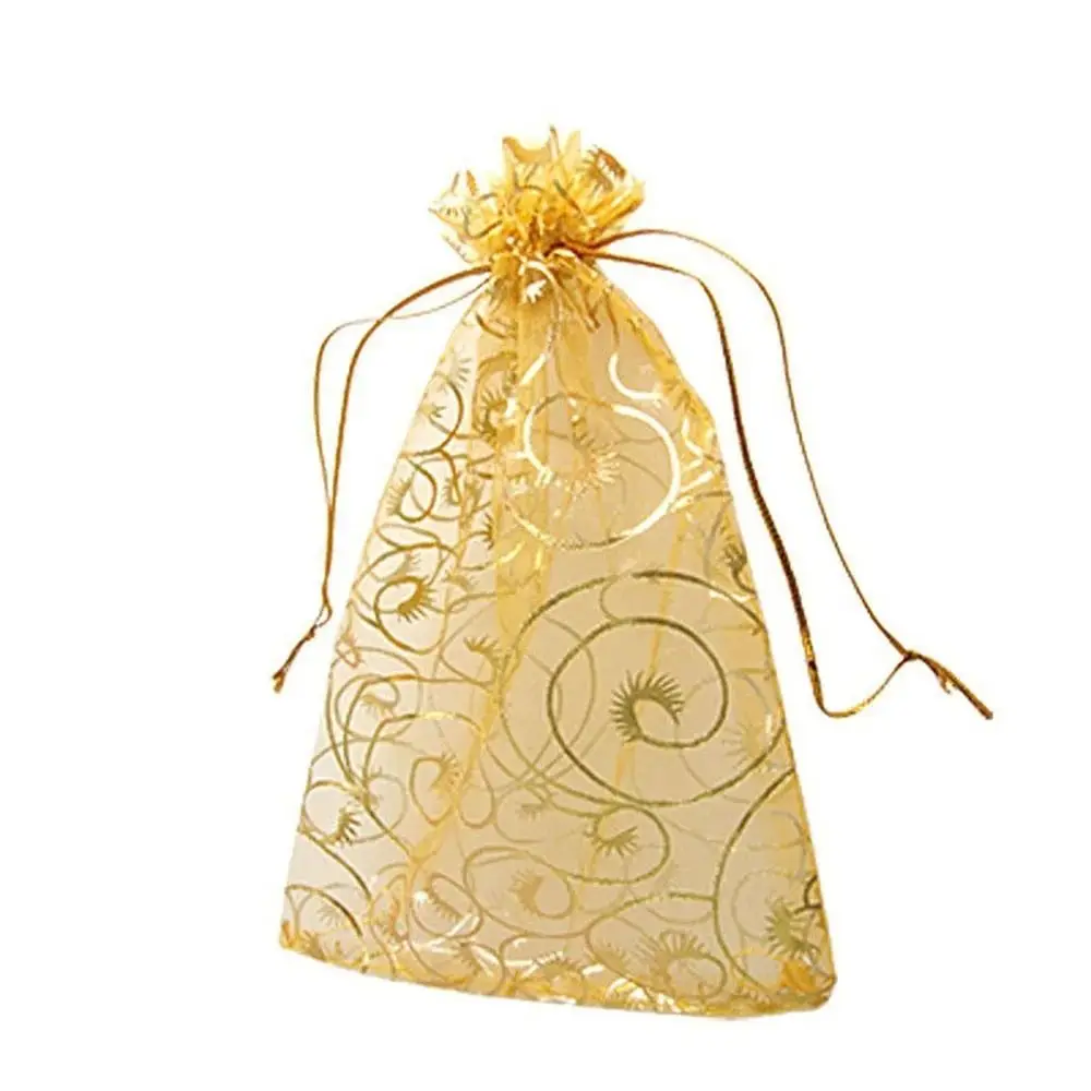 50pcs/lot Organza Jewelry Pouches Wrap 9*12cm Drawstring Wedding Party Favor Gift Bag Gold Candy Gift Packing Bags