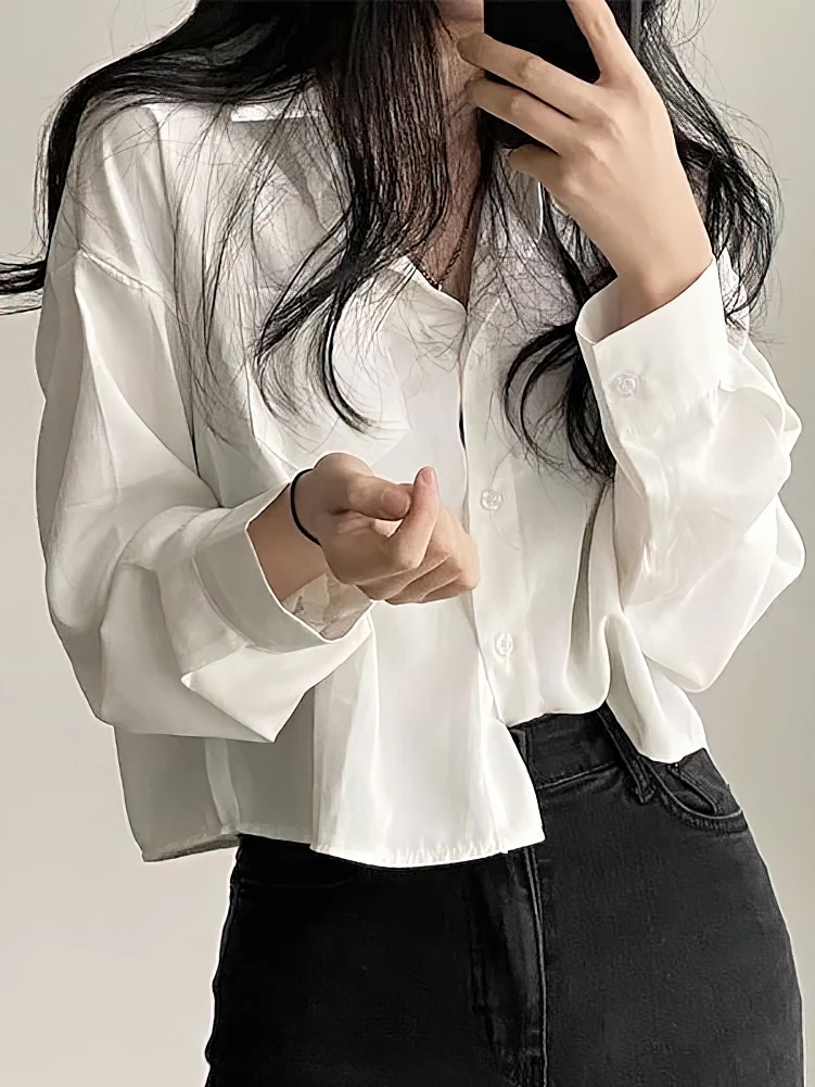 Long sleeve Polo Neck Oversize Cropped Shirt Women Korean Button up Cool Blouse Female Casual Short Tops