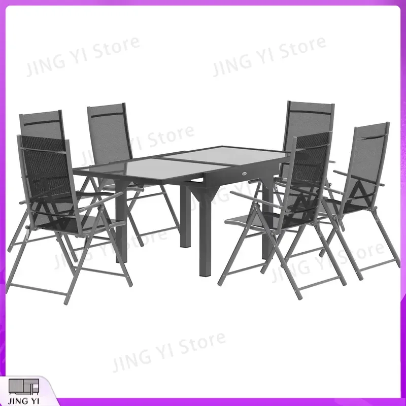 

7 Piece Outdoor Dining Set Extendable Table 6 Folding Chairs Patio Balcony Deck Grey Garden Furniture Outdoor Equipment
