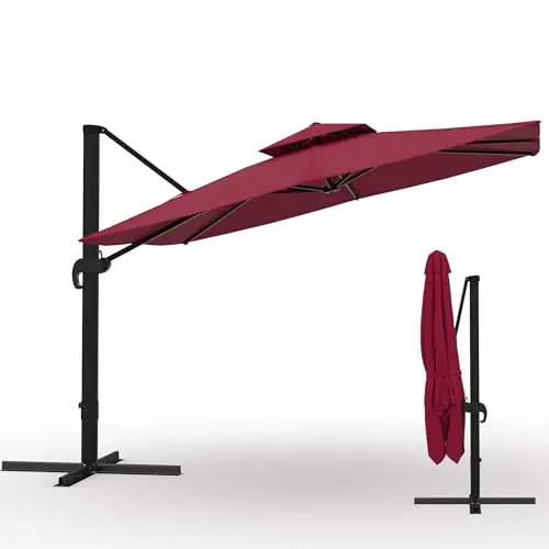 Heavy Duty 10x10 ft Cantilever Patio Umbrella – Square Outdoor Sun Shade – 360° Rotation & Adjustable Height – Durable