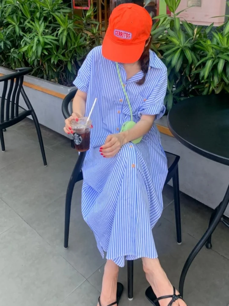 ชุดเดรสสตรีแขนสั้นทรงหลวมสีฟ้า, เดรส busana Casual แฟชั่น2024