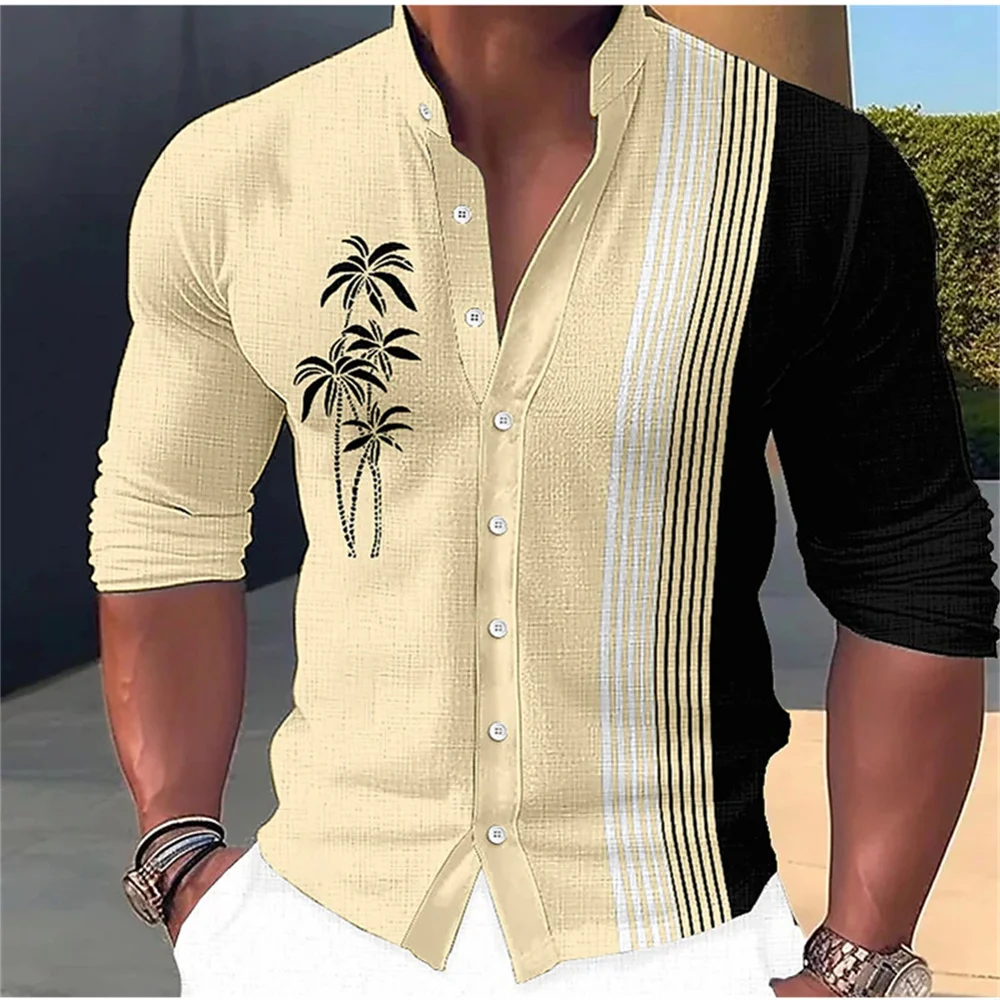 Summer men's retro coconut tree print standing collar button long shirt fashion party men's designer comfortable clothing