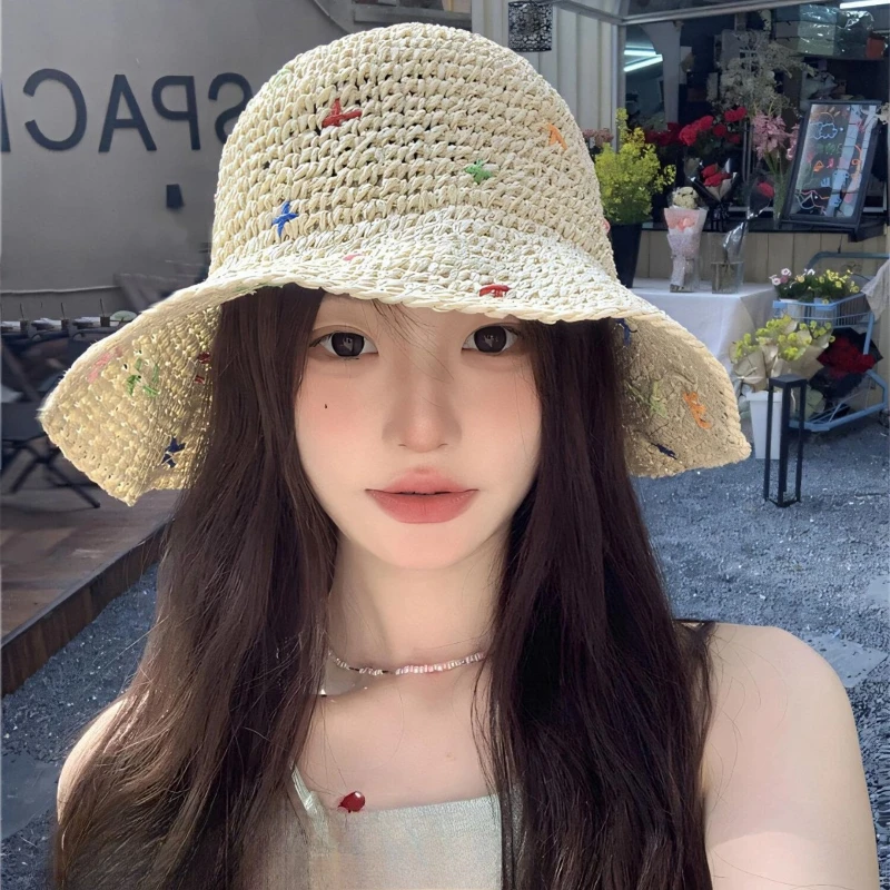 Sommer frauen Modische Sonnenschutz Stroh Hut Im Freien Strand Urlaub Hut Spitze Net Kappe Japanischen Sonnenhut Atmungsaktive Hohl