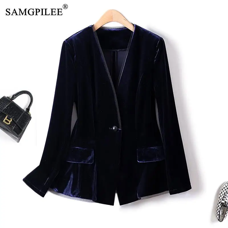 

Women's Jackets Spring 2023 Gold Velvet Suit Slim Single Button Shoulder Pads Casual Korean Fashion V-neck Female Blazer 4XL