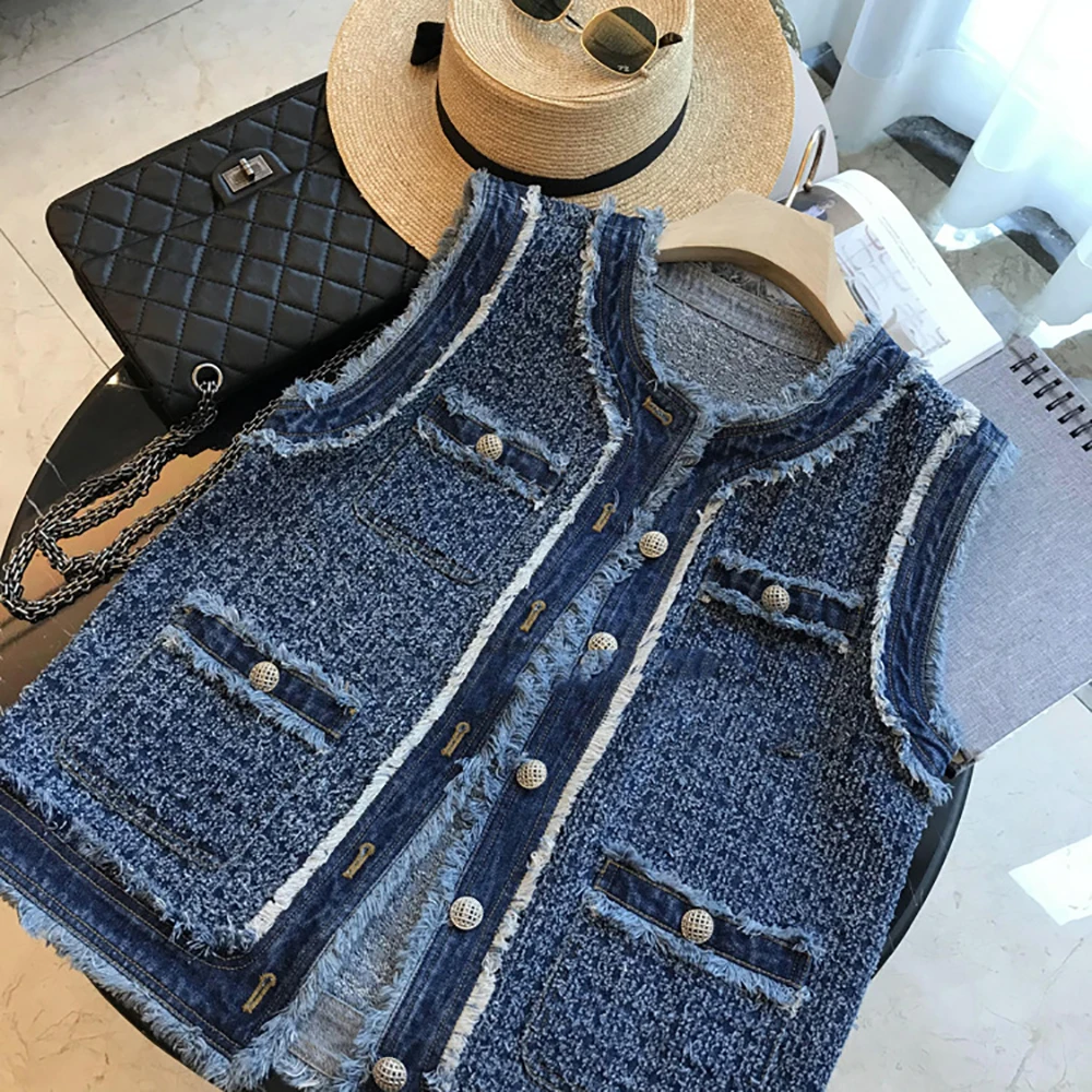 Dames Zoete Stijl Kwastje Gewassen Denim Vest Jas Single-breasted Ronde Hals Mode Uitloper Voor Vrouw Vakantie Dating Jassen