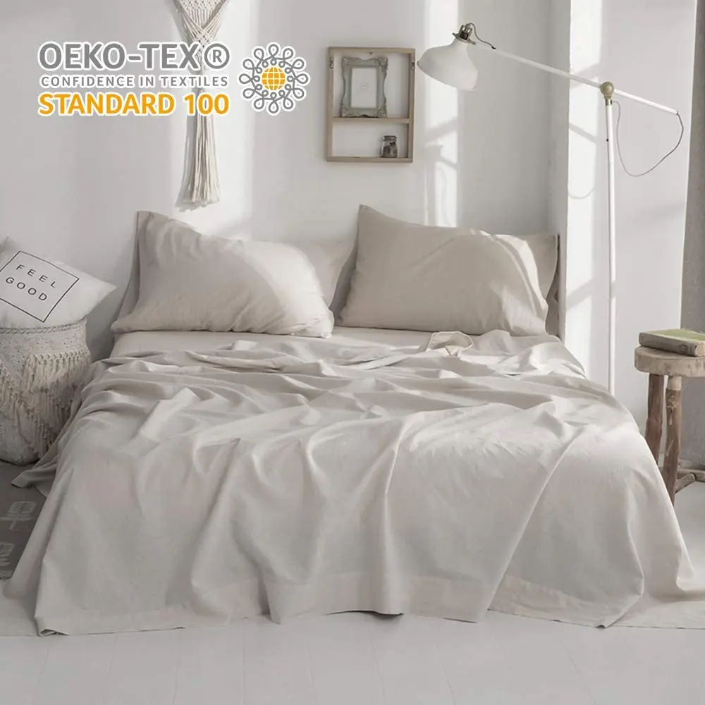 Simple&Opulence Belgian Linen 3/4Pcs Solid Color Blended Bedding Set Bed Sheet Set Fitted Sheets