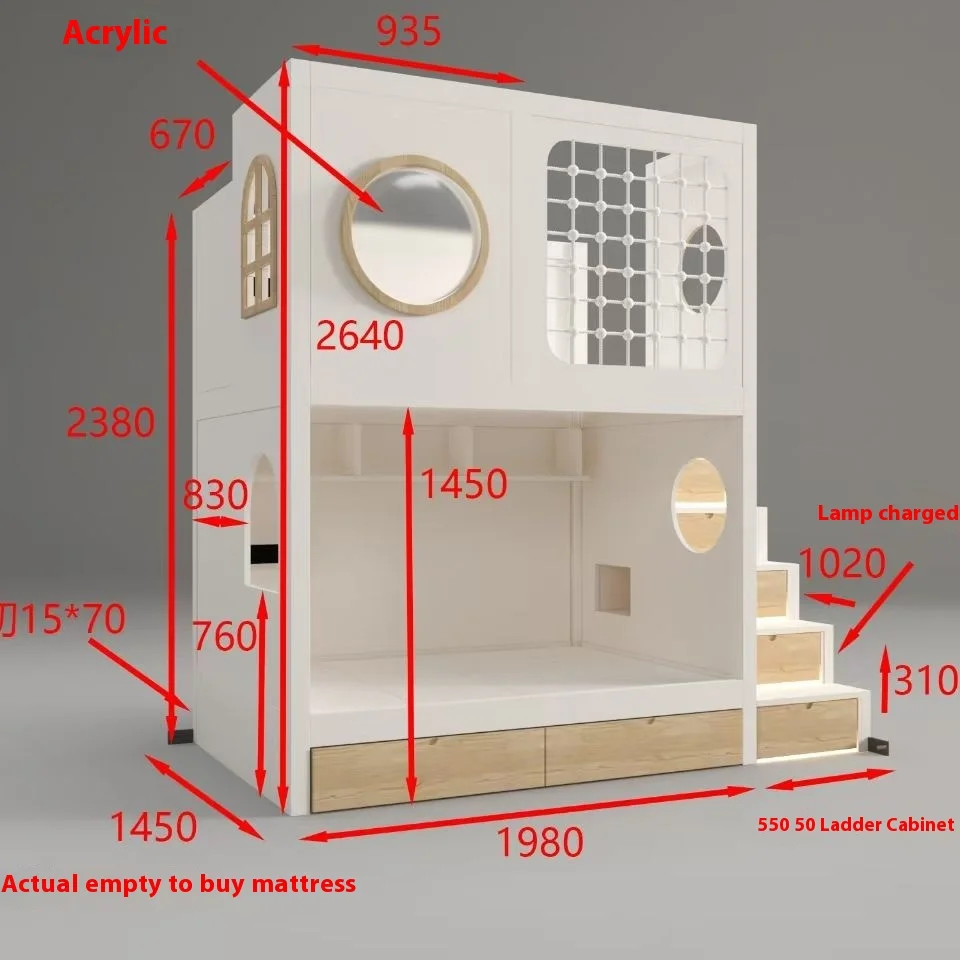 High and Low Bed Treehouse Bunk Bed Double Layer Bed with Real Wood for Living Room or Children's Room