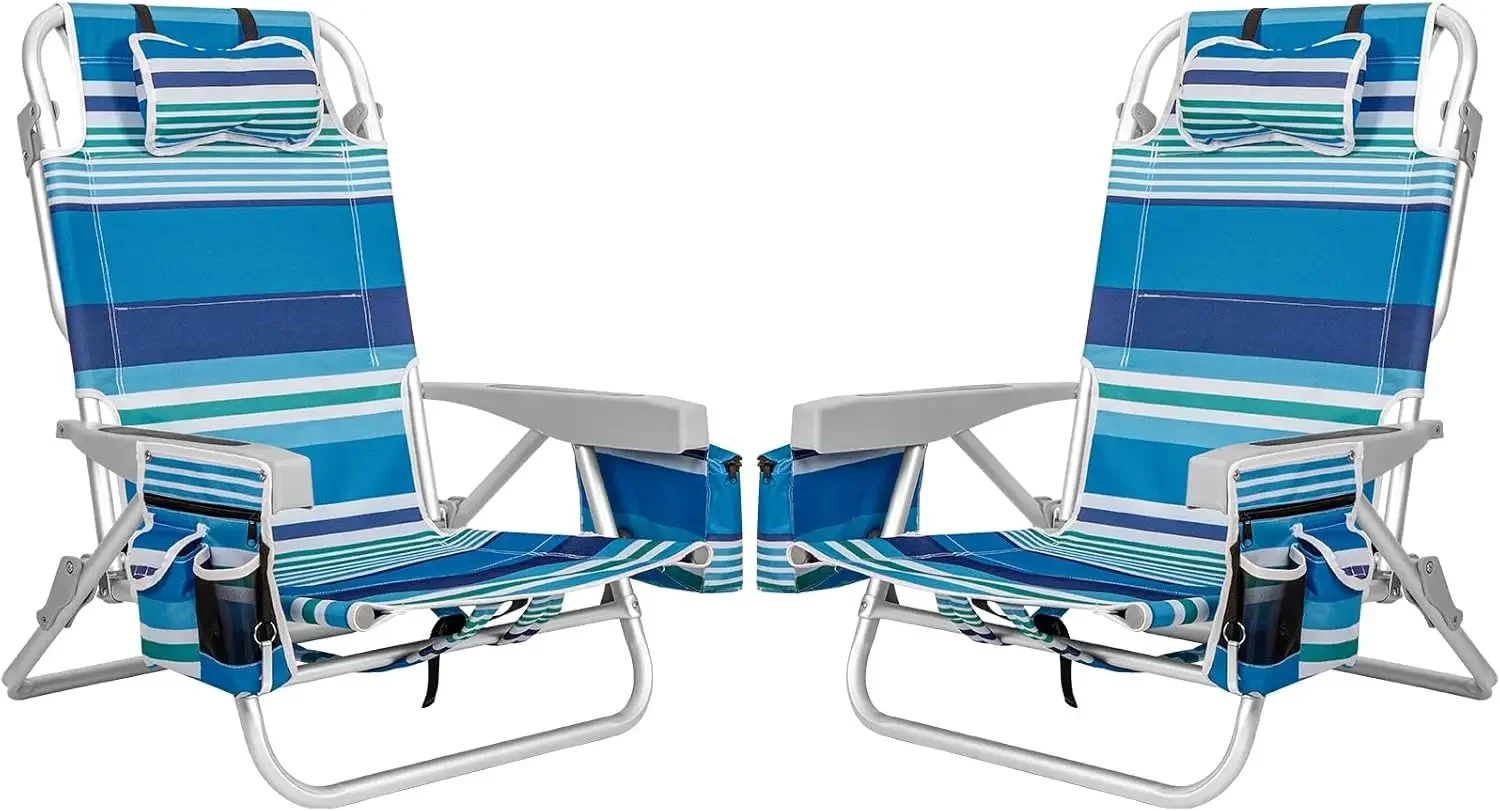 Brand new fast shippingBestseller2Pk Aluminum Extra Wide 5-Position Lay Flat Folding Backpack Beach Chairs for Adults, with Cool