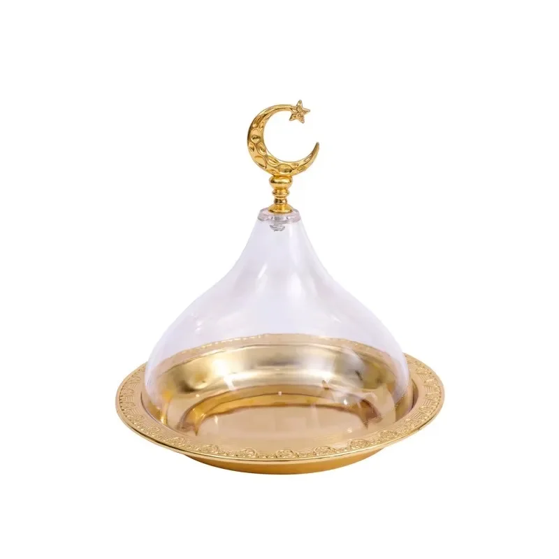 

Многоразовый металлический поднос для Рамадана с прозрачной куполообразной крышкой, мини-поднос для торта, конфет, десертный поднос, круглый органайзер для хранения продуктов для орехов, конфет