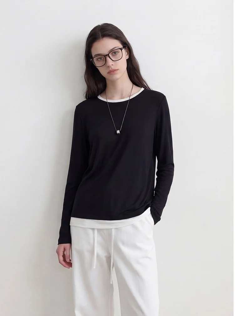 Women Fake Two-Piece T-shirt Spring Summer 6%Silk Round Neck Long Sleeve Basic T-Shirts Tops