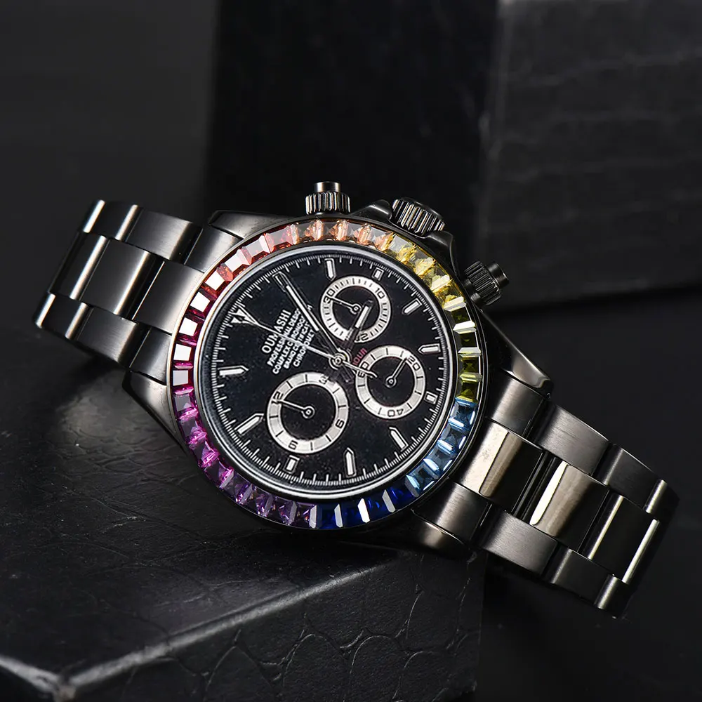 39mm relógio masculino de luxo 7750/4613d movimento mecânico automático cronógrafo moldura de pedra preciosa vidro safira relógio masculino preto