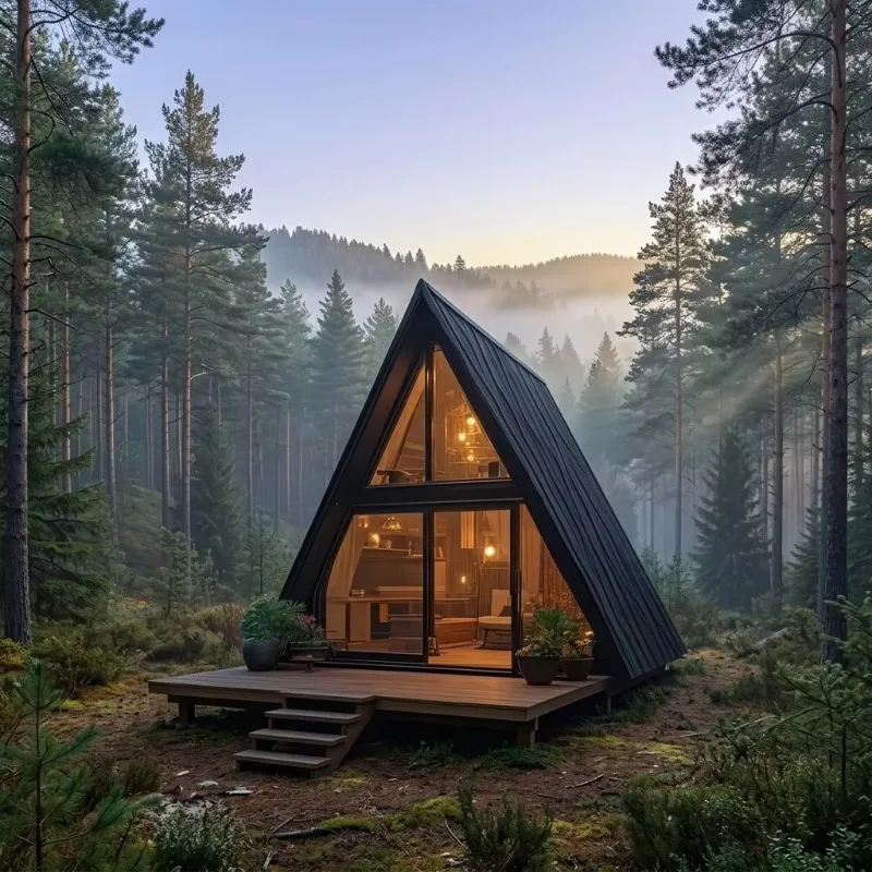 Cabane de vacances triangulaire haut de gamme à structure en acier haute rigidité, design intérieur soigné pour les grands projets d'ingénierie hôtelière sur mesure